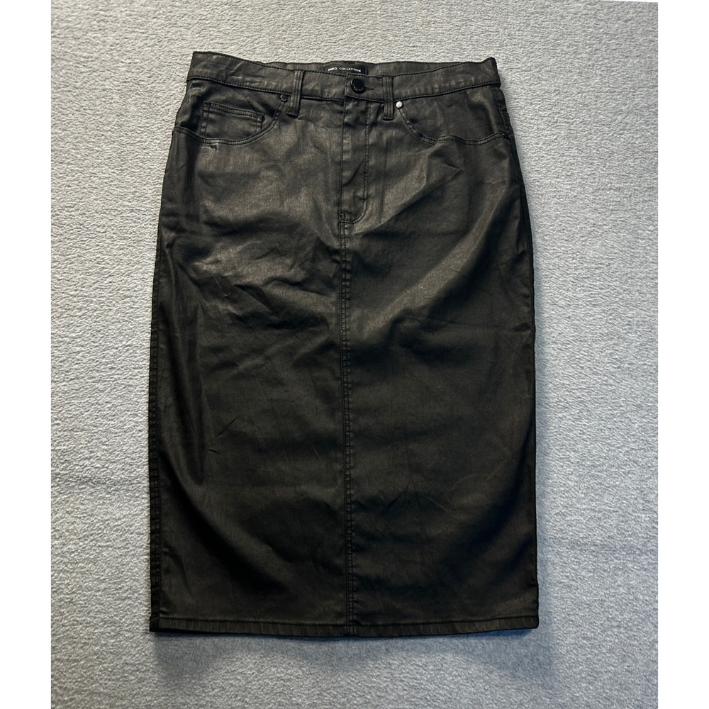 Coated Denim Midi Pencil Skirt Womens US 6 Black Faux Leather MNG Collection